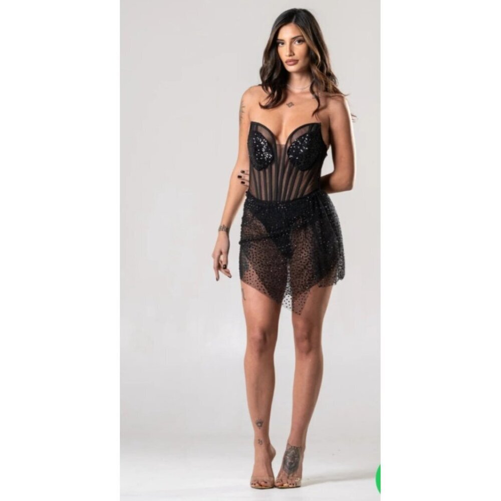 Fashion Nova Sequin Mesh Corset Romper XL Strapless Bustier Bodysuit Party Dress